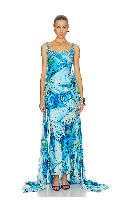 LA FUORI Floral Pixie Trail Dress in Blue. L. Also in XS