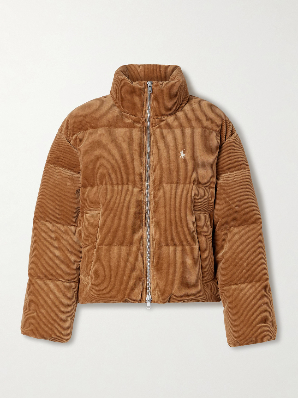 Embroidered Quilted Cotton-blend Corduroy Down Jacket - Brown