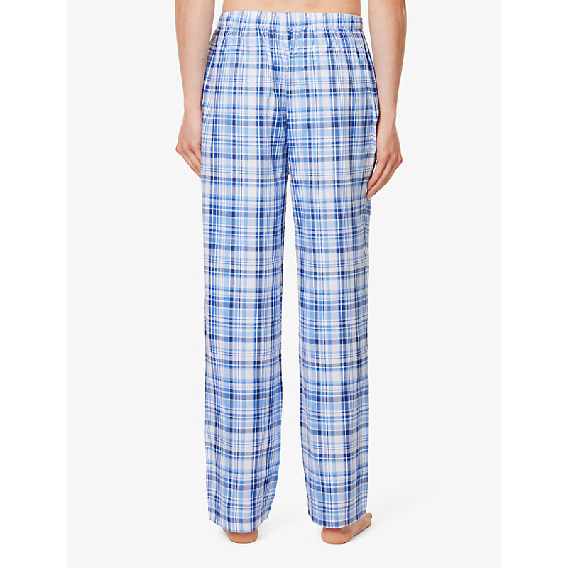 Mens Blue Plaid Logo-embroidered Regular-fit Cotton Pyjamas Bottoms S