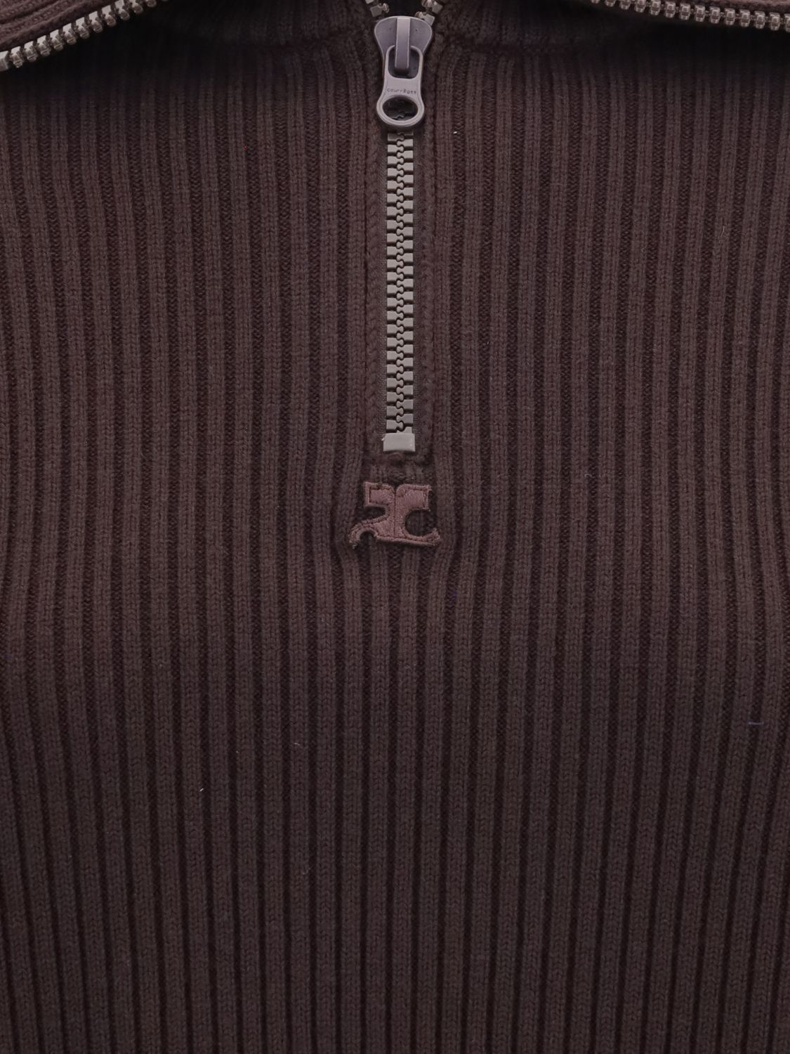 COURRÈGES Ribbed Turtleneck Jumper in Pure Merino Wool with Half-Zip