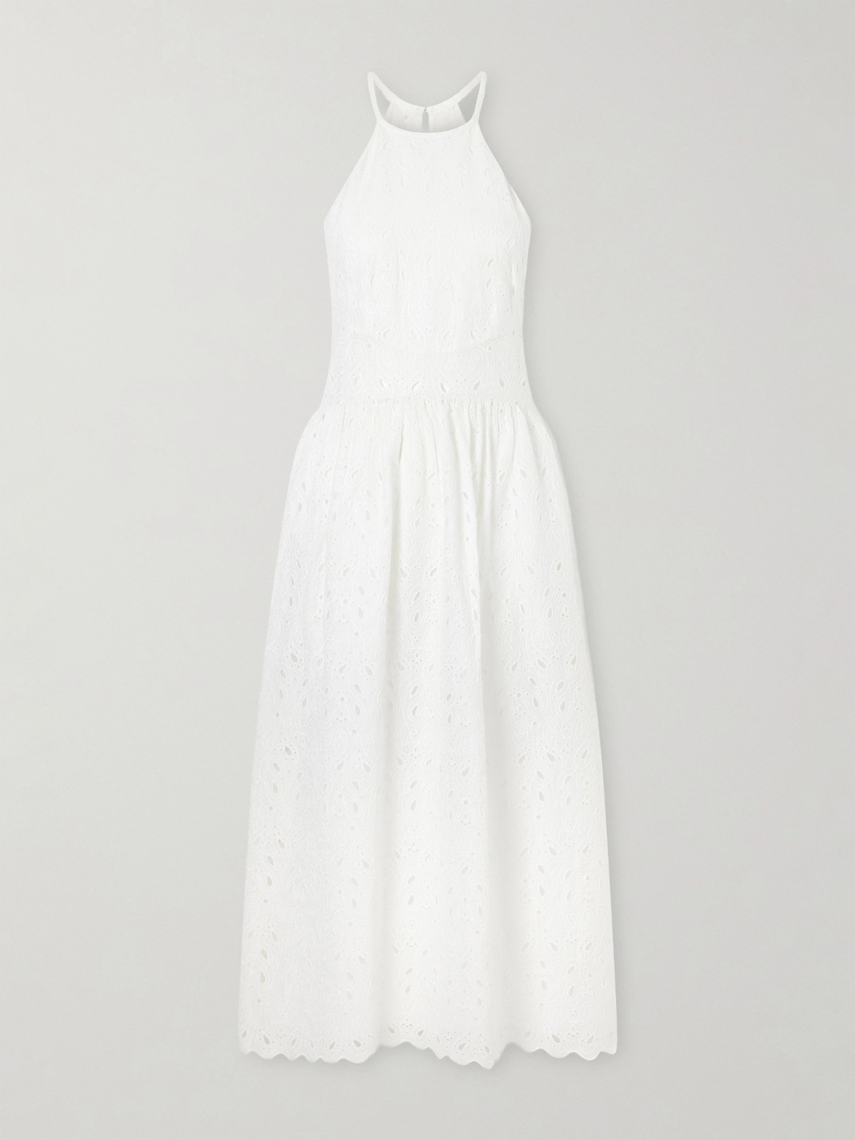 Scalloped Broderie Anglaise Ramie Halterneck Midi Dress - White