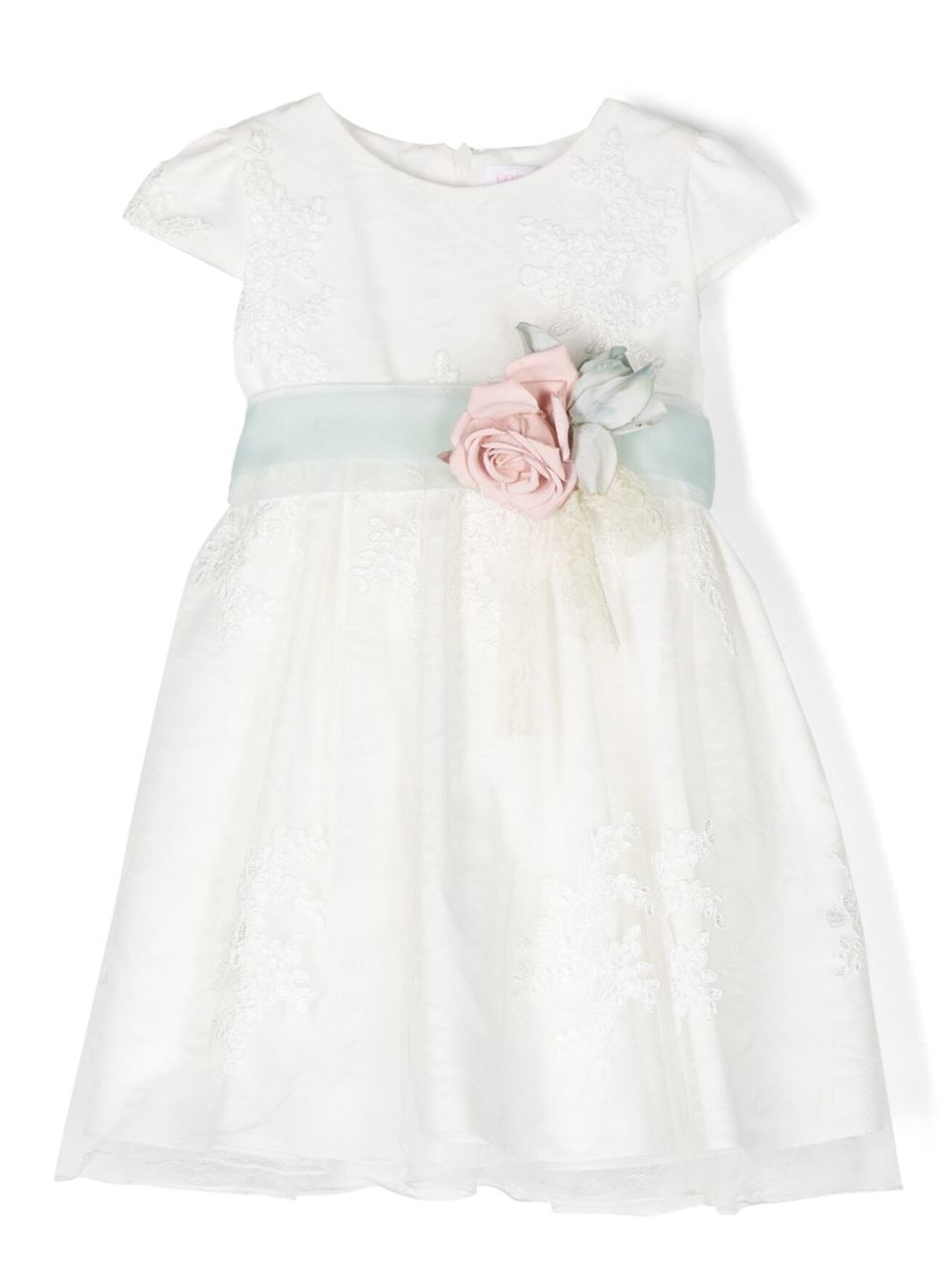 Lace-appliqué short-sleeve dress - White