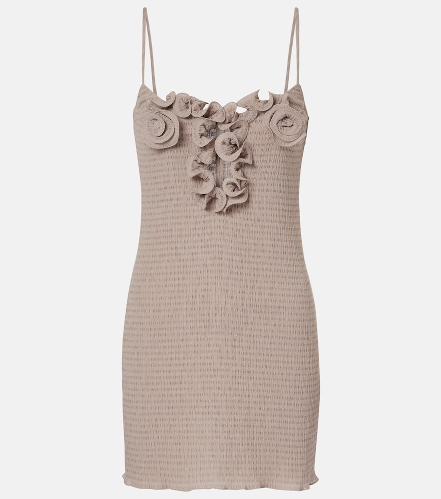 Floral-appliqué shirred minidress