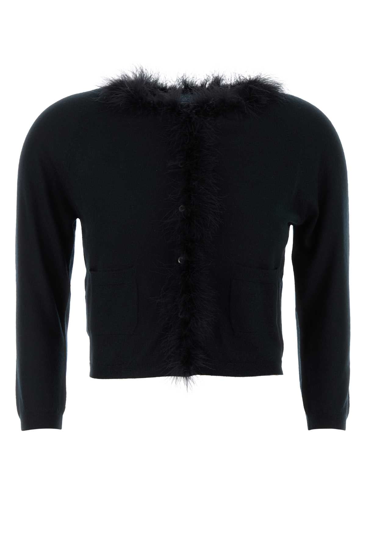 Cashmere with Feather Trim Cardigan — Black