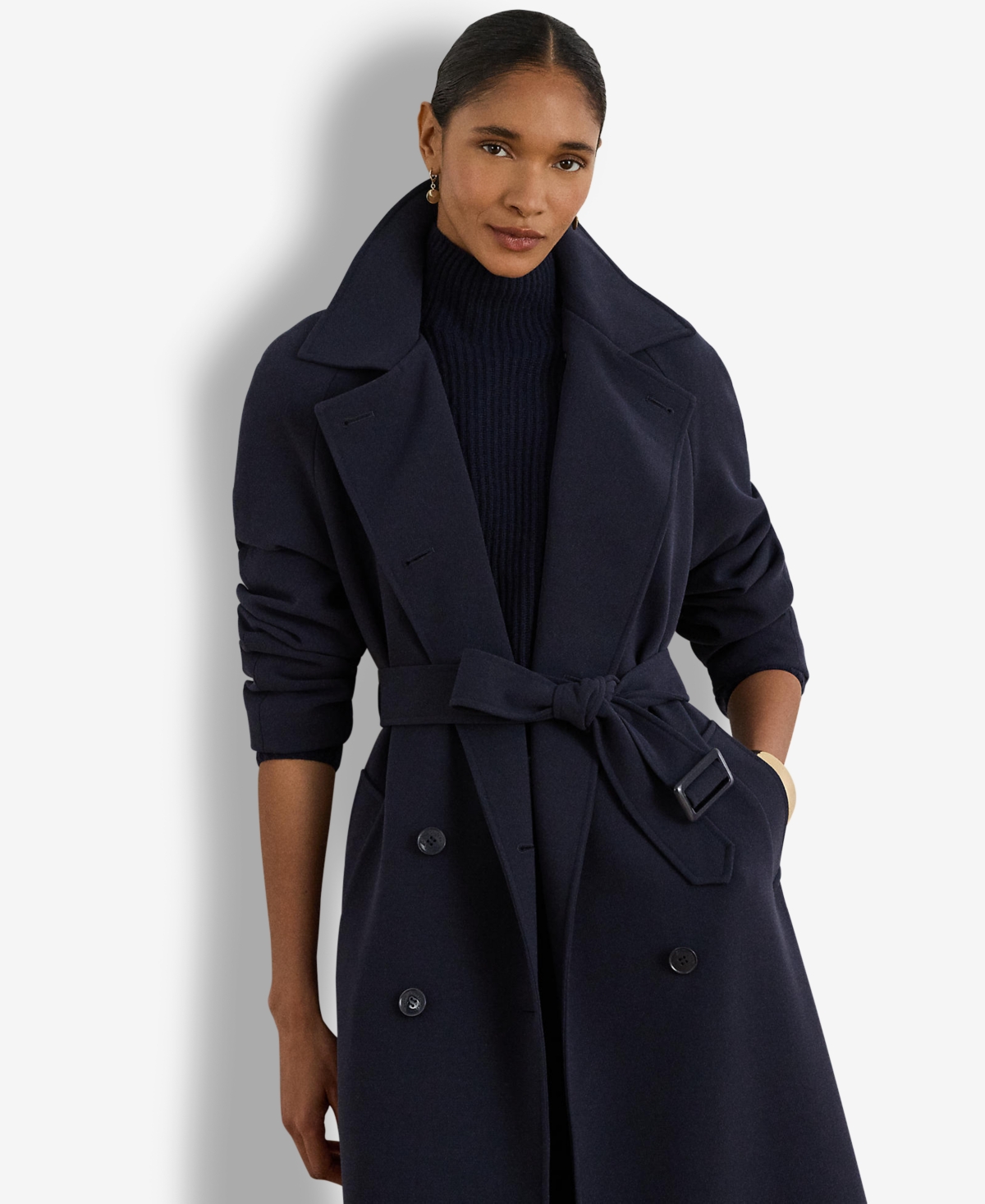 Women's Double Breasted Belted Crepe Trench Coat - Dark Navy