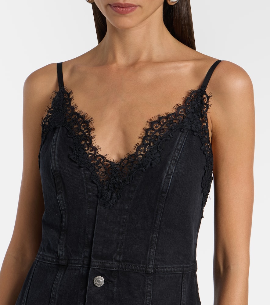 Lace-trimmed denim maxi dress