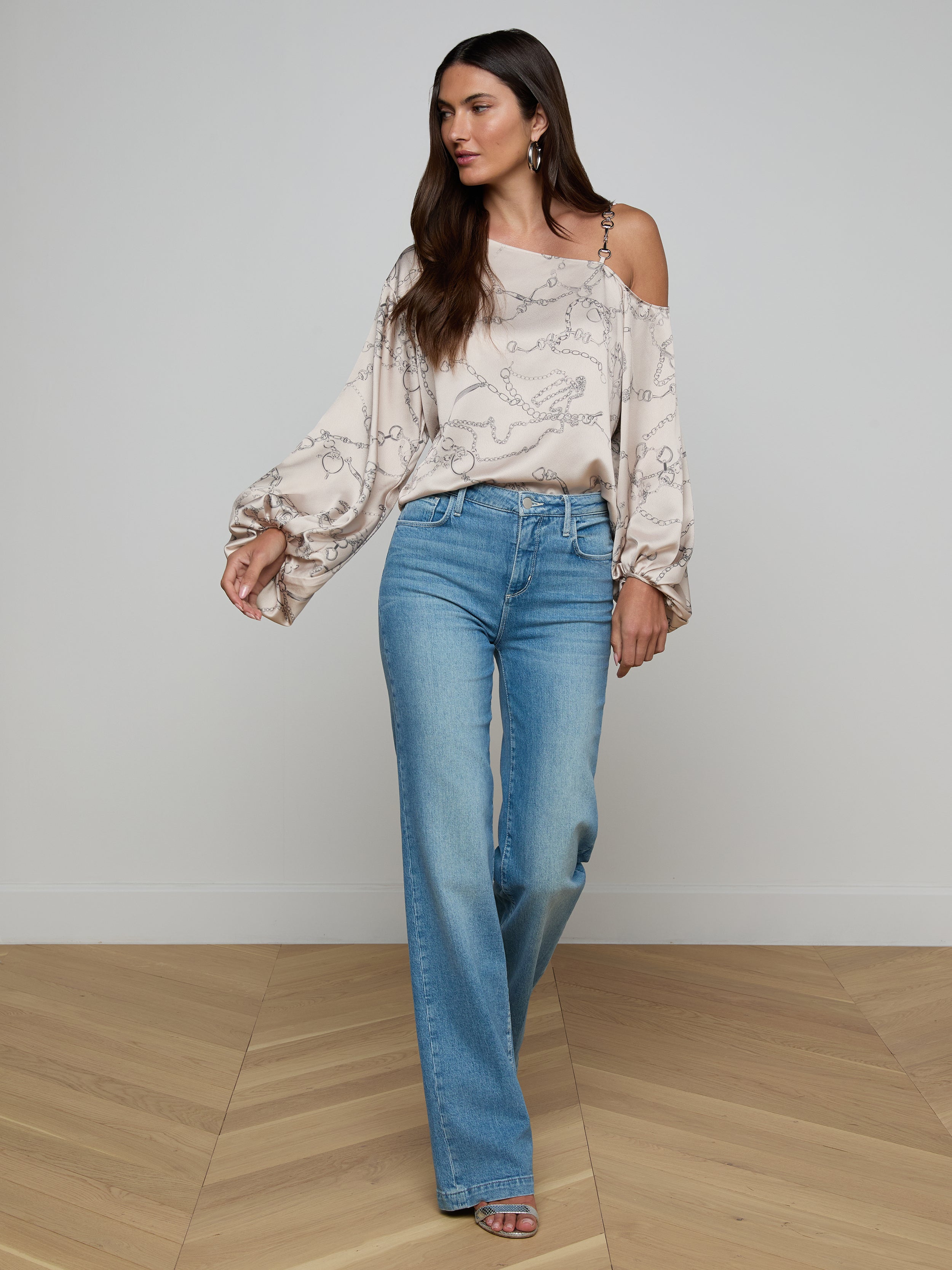 Asami Chain One-Shoulder Blouse Top In Soft Macadamia Multi Small Horsebit Chain