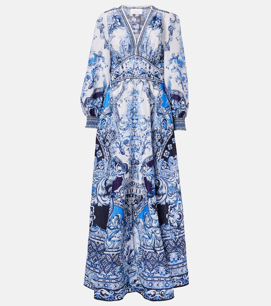 Printed linen and silk maxi dress