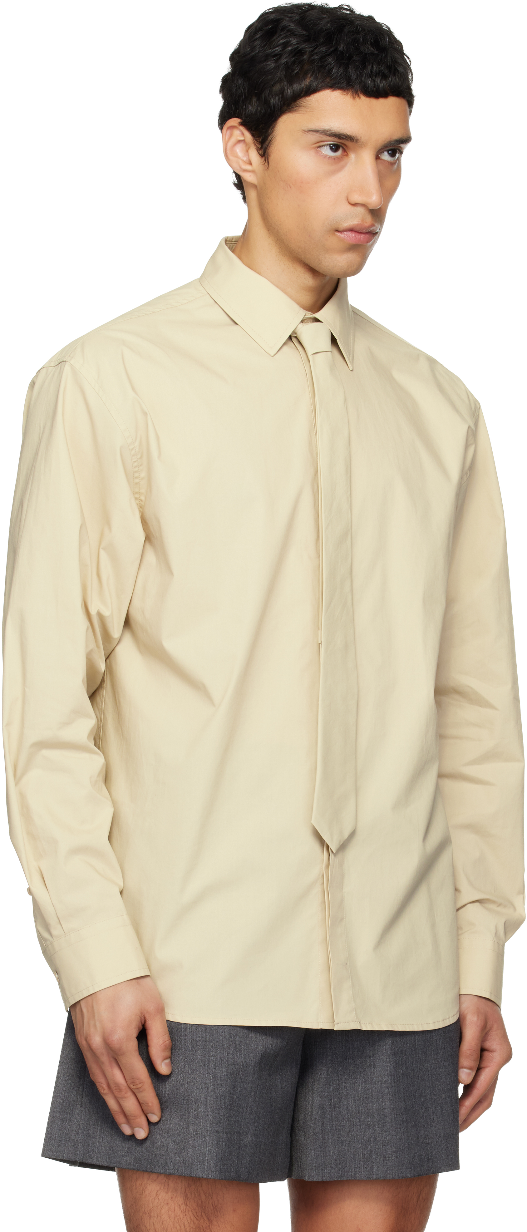 Beige Solid Tie Shirt
