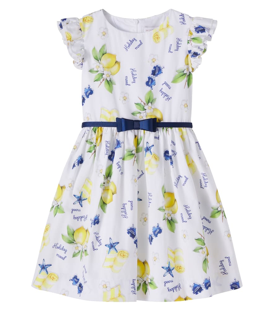 Belted printed ruffled cotton dress