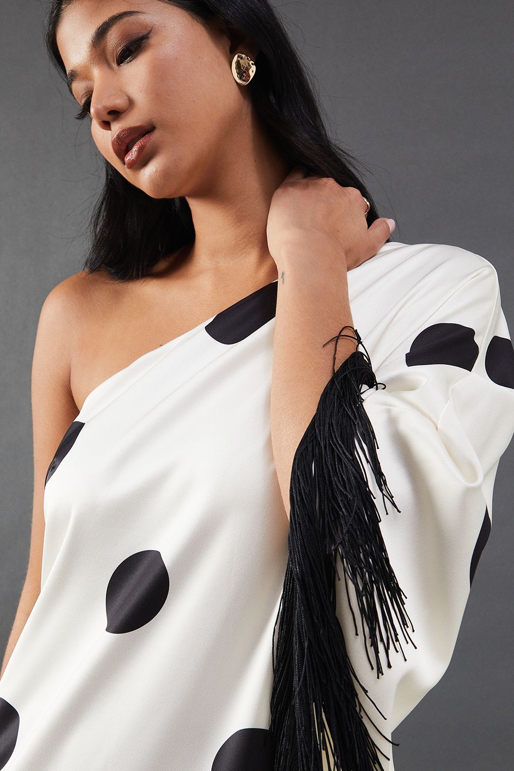 Warehouse Womens Premium Fringe Trim One Shoulder Midi Dress - White