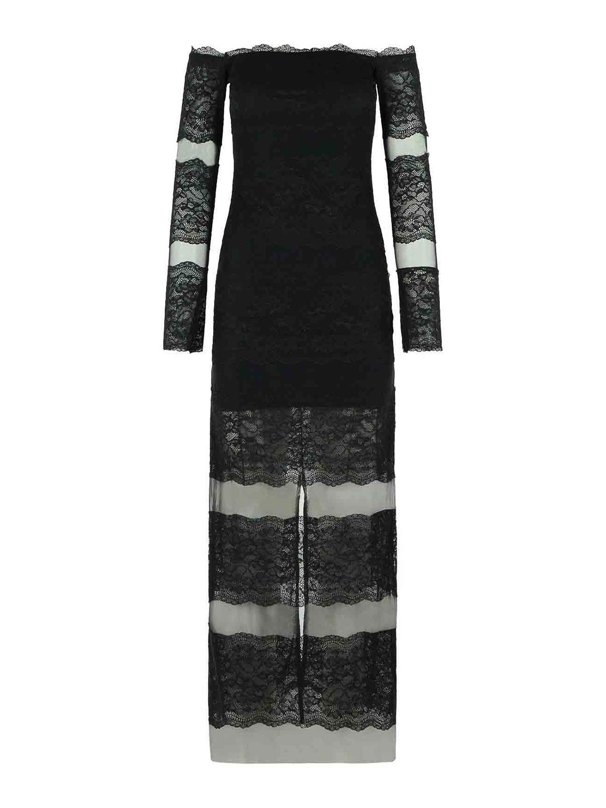 Black Long Dress With All-Over Embroidery Design In Tech Fabric Woman