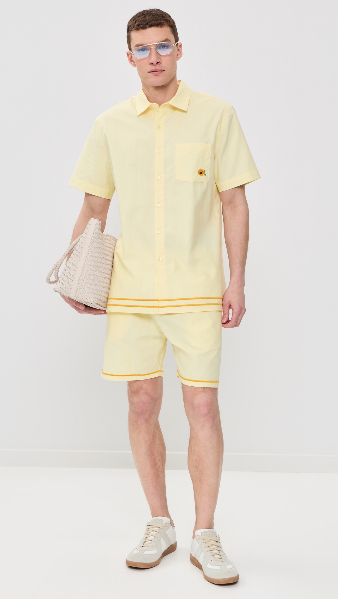 Efe Embroidered Linen Camp Shirt Light Yellow