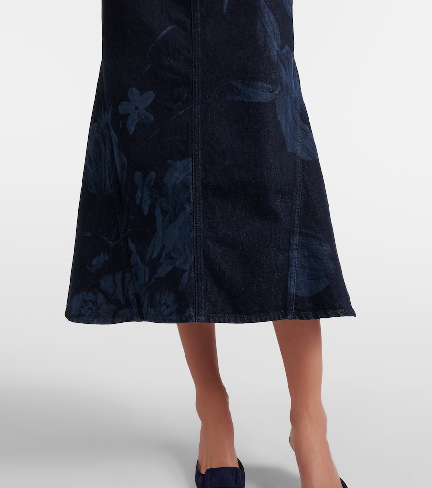 Floral flared denim midi skirt