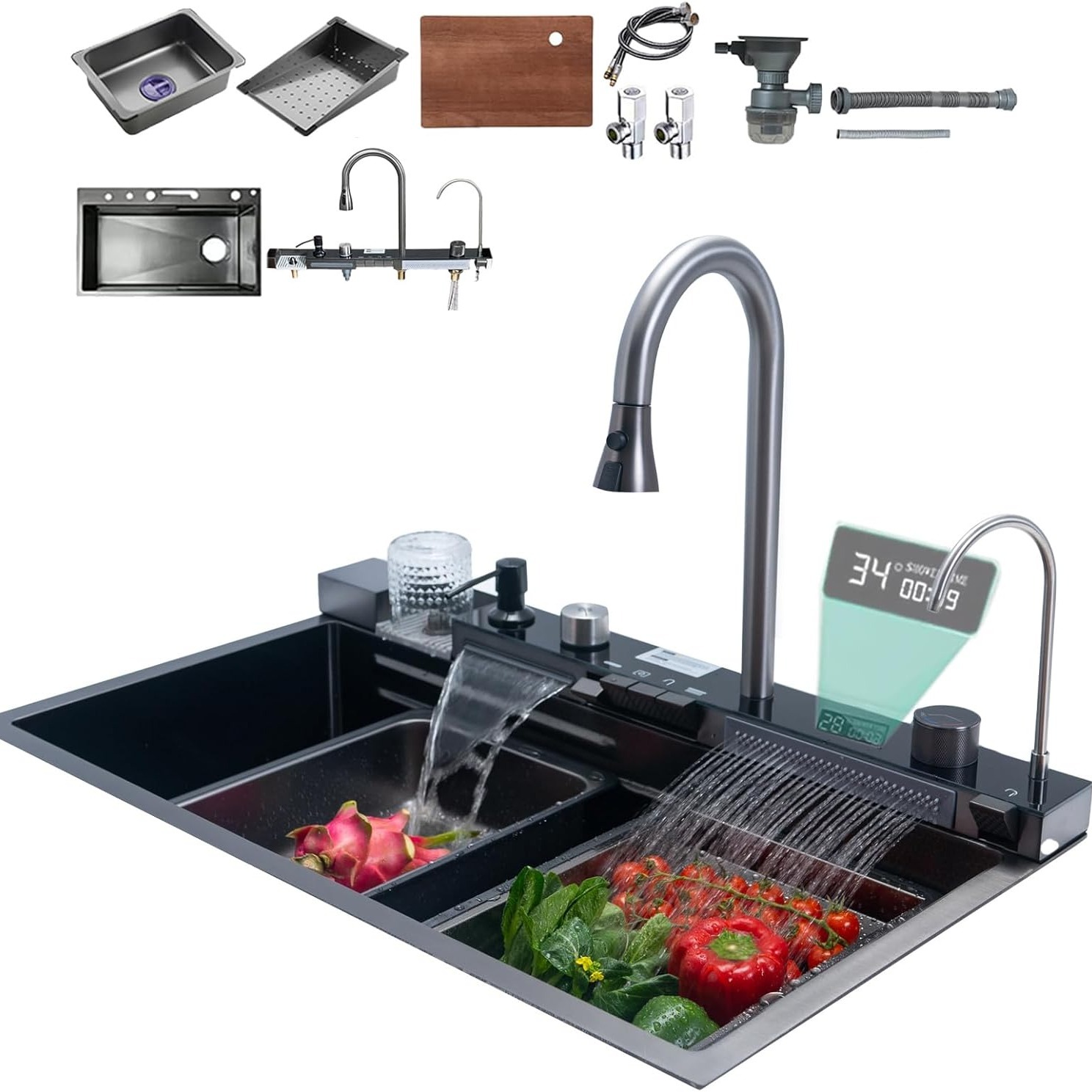 TEMU 33x22 Inch 2 Waterfalls Sink, Stainless Steel Smart Kitchen Sinks, Multifunctional Workstation Kitchen Sink With Digital Display Pull-out Faucet