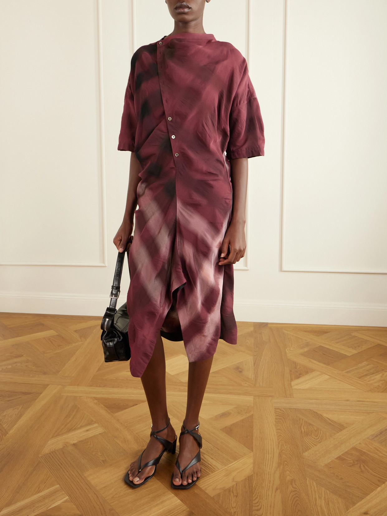 Printed Jersey Midi Shirt Dress - Burgundy