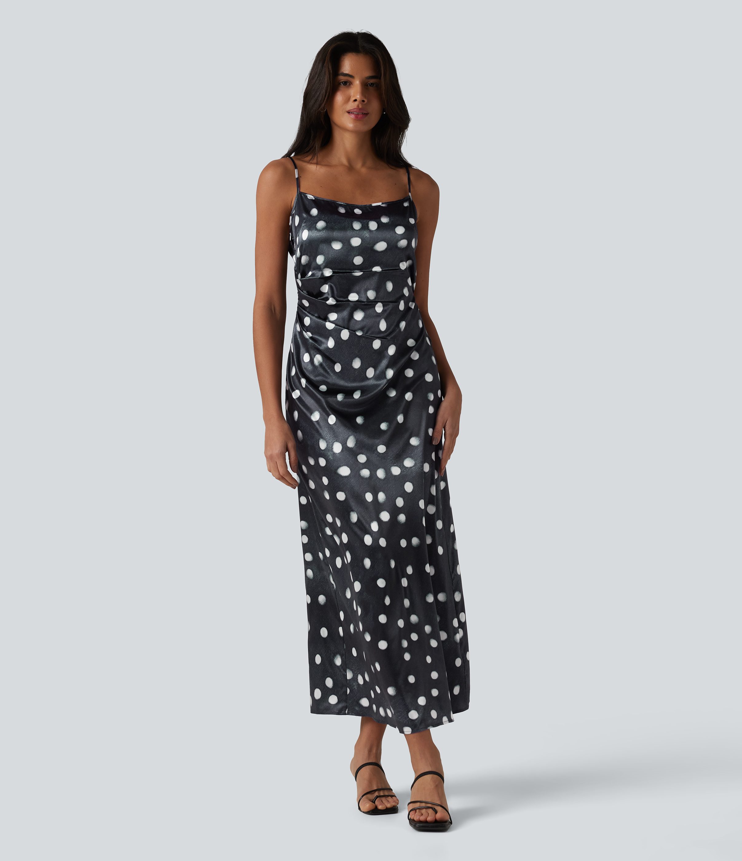 Invisible Zipper Ruched Tie-back Polka Dot Satin Maxi Bridesmaid And Wedding Guest Slip Dress Casual Dress - White Polka