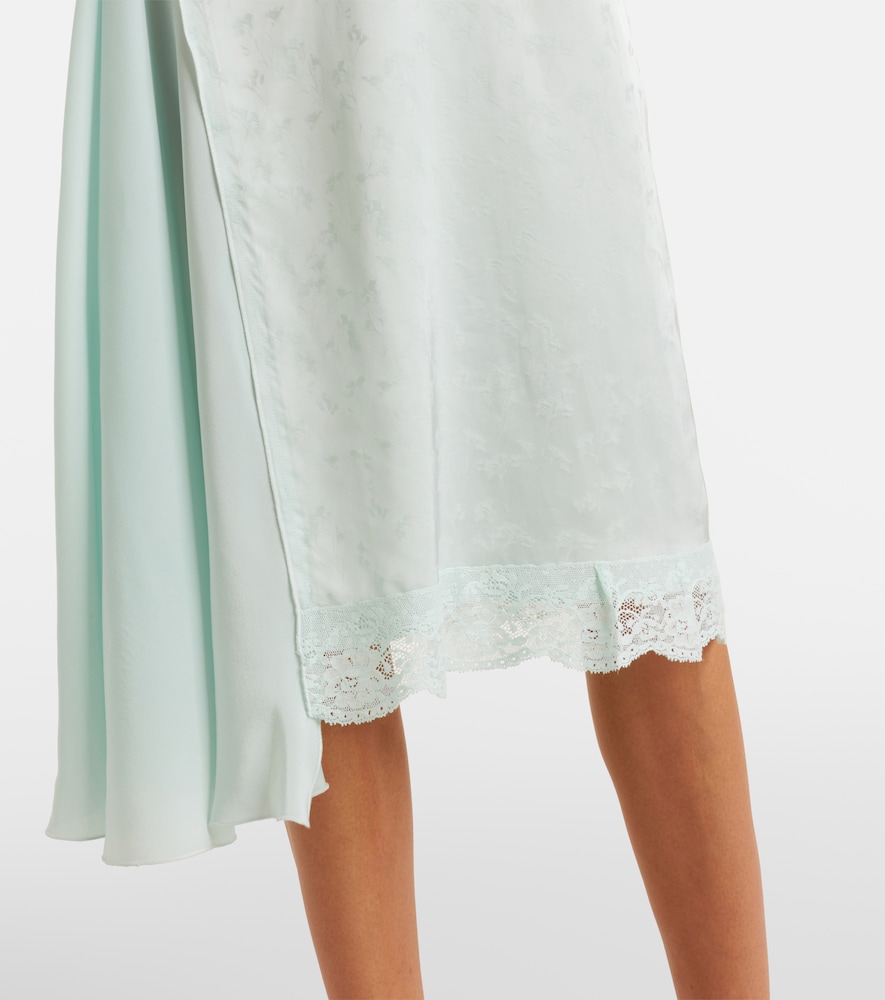 Asymmetric lace-trimmed jacquard slip dress