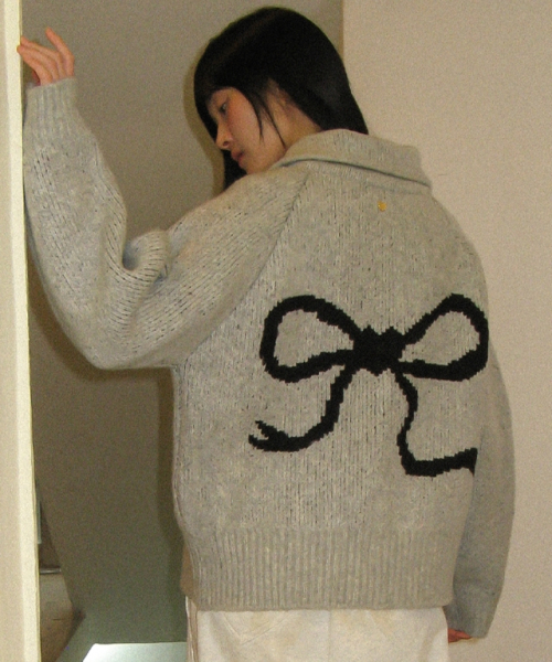 BACK HEART RIBBON COWICHAN KNIT ZIP UP GREY