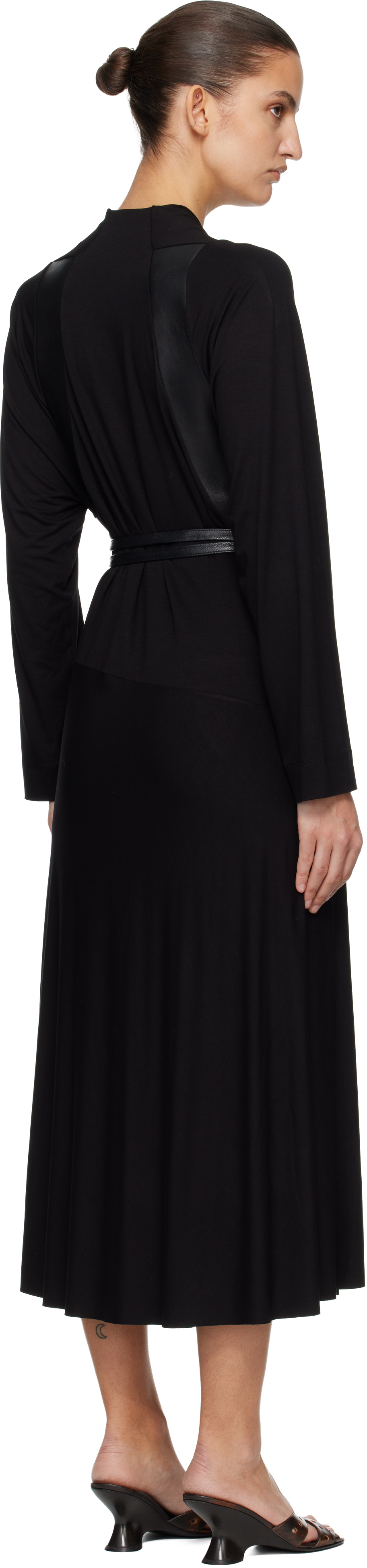 Black Jersey & Leather Wrap Midi Dress