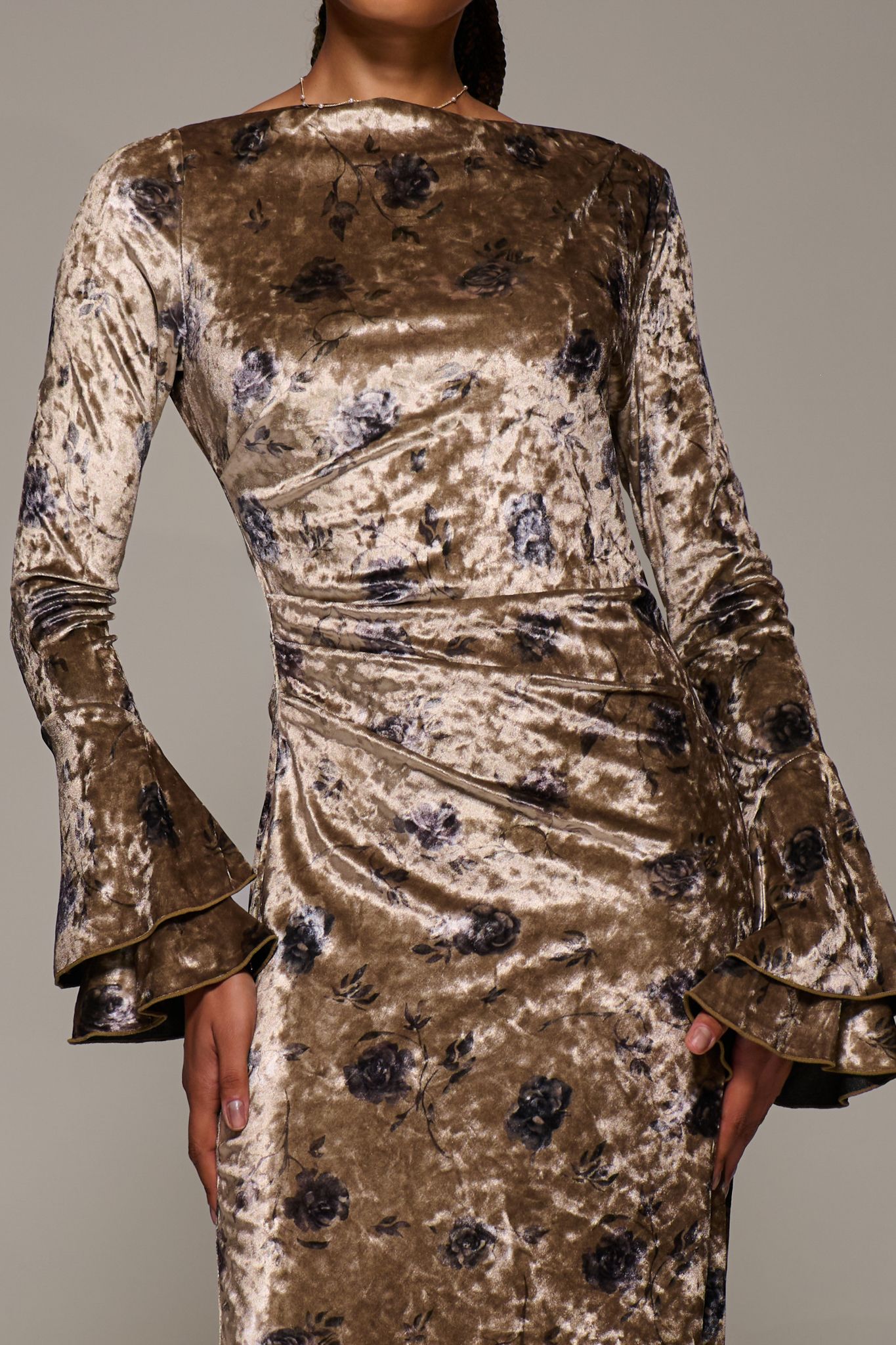 Jolie Moi Women's Ruffle Sleeve Boat Neck Velvet Maxi Dress in Gold