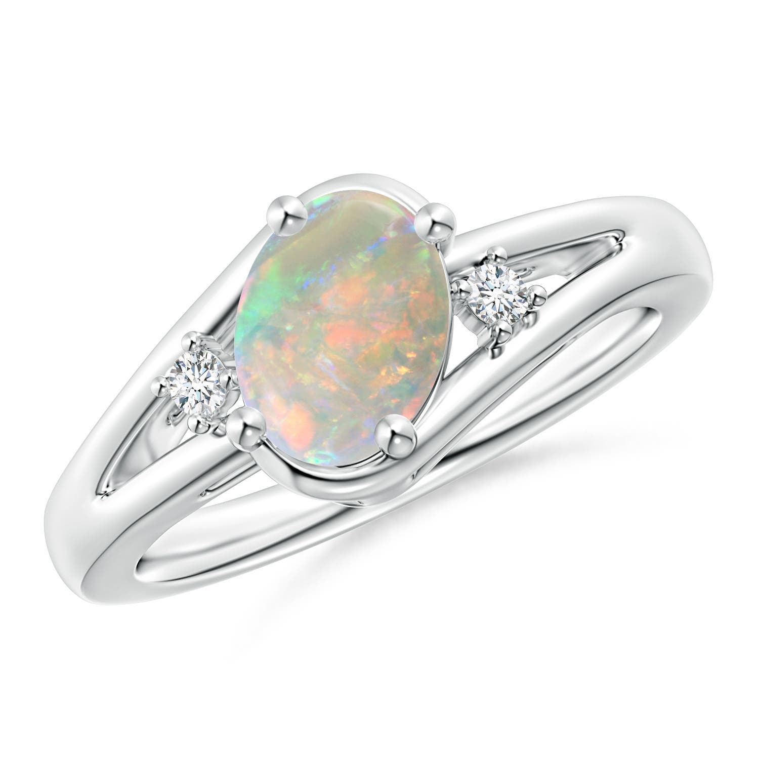Angara 0.8 Carat Prong-Set Opal and Diamond Split Shank Ring in Platinum