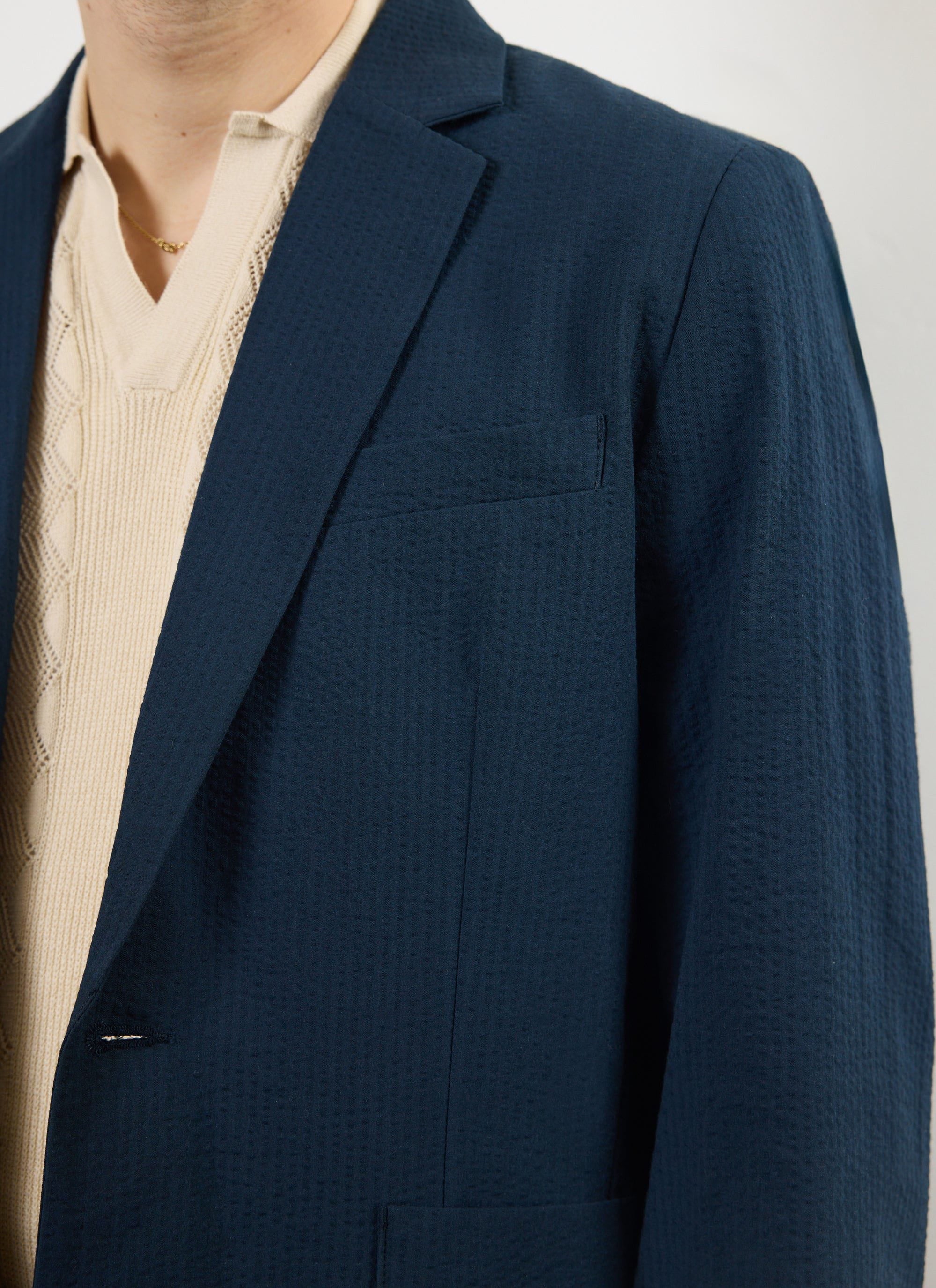 Tailored Seersucker Blazer Navy