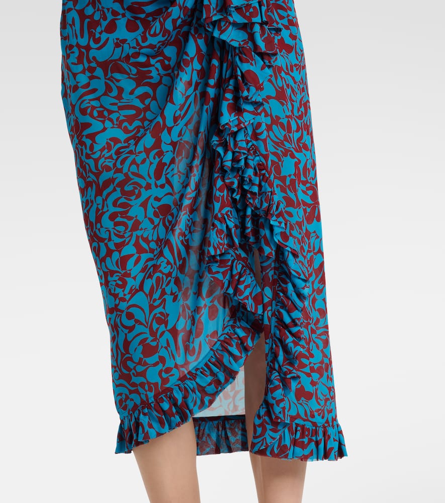 Printed draped ruffled midi skirt