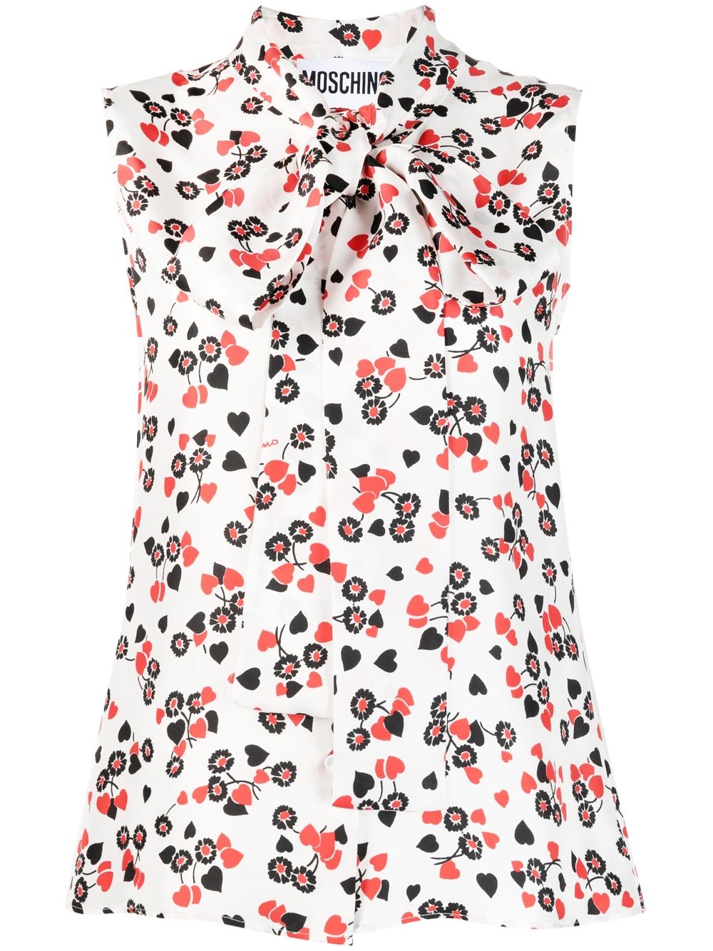 Floral-print pussy-bow collar top - White