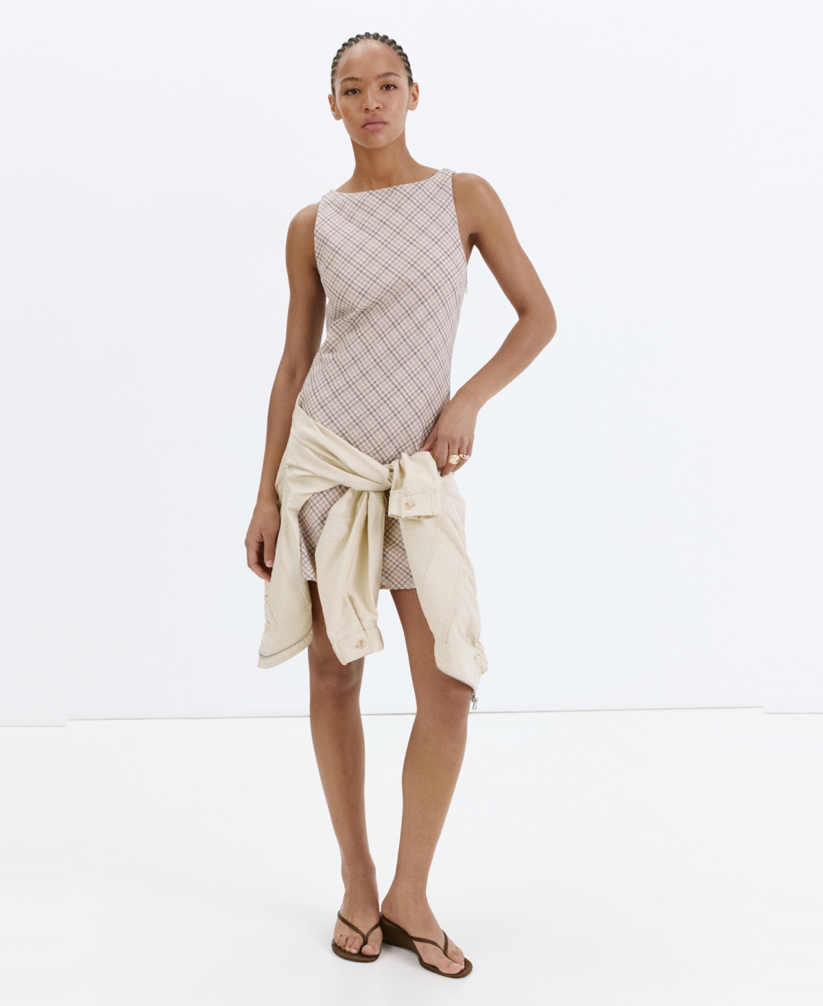 Women's Back Detail Checkered Dress - Light Beige