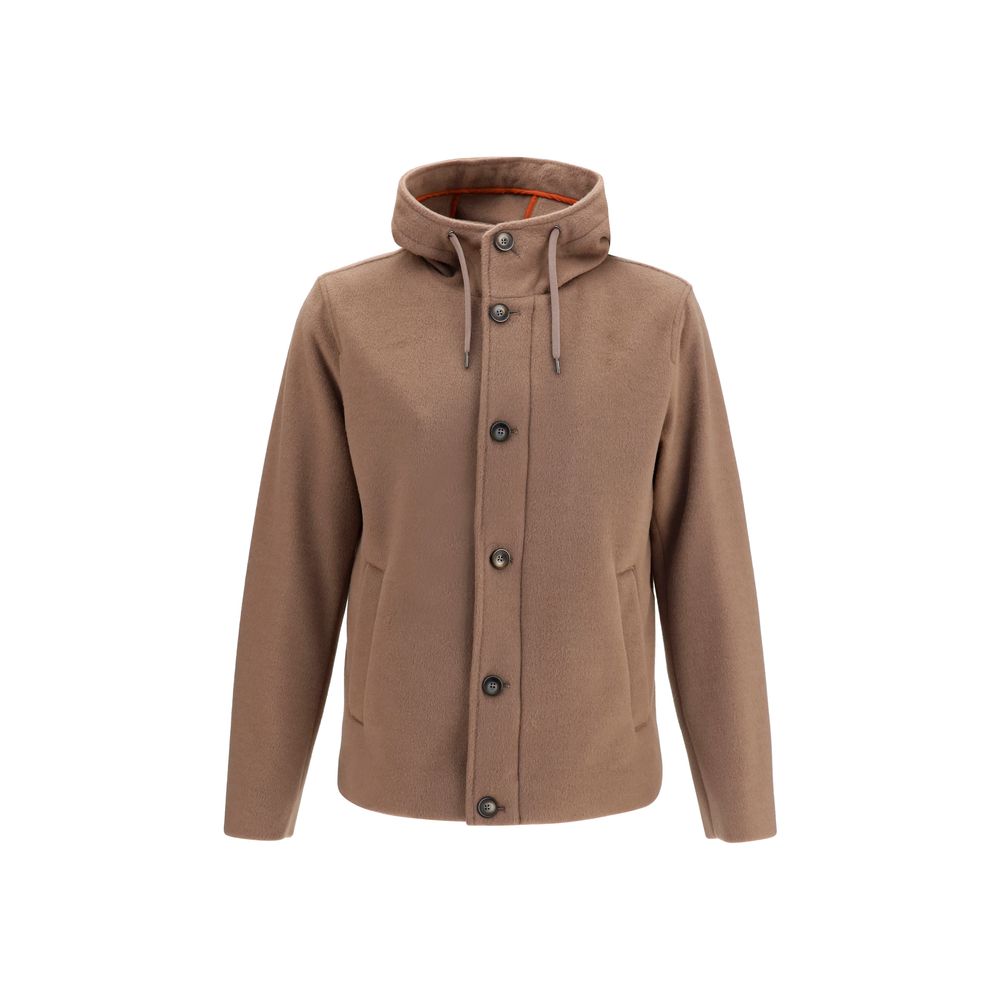 Hooded Button-Front Jacket — Brown