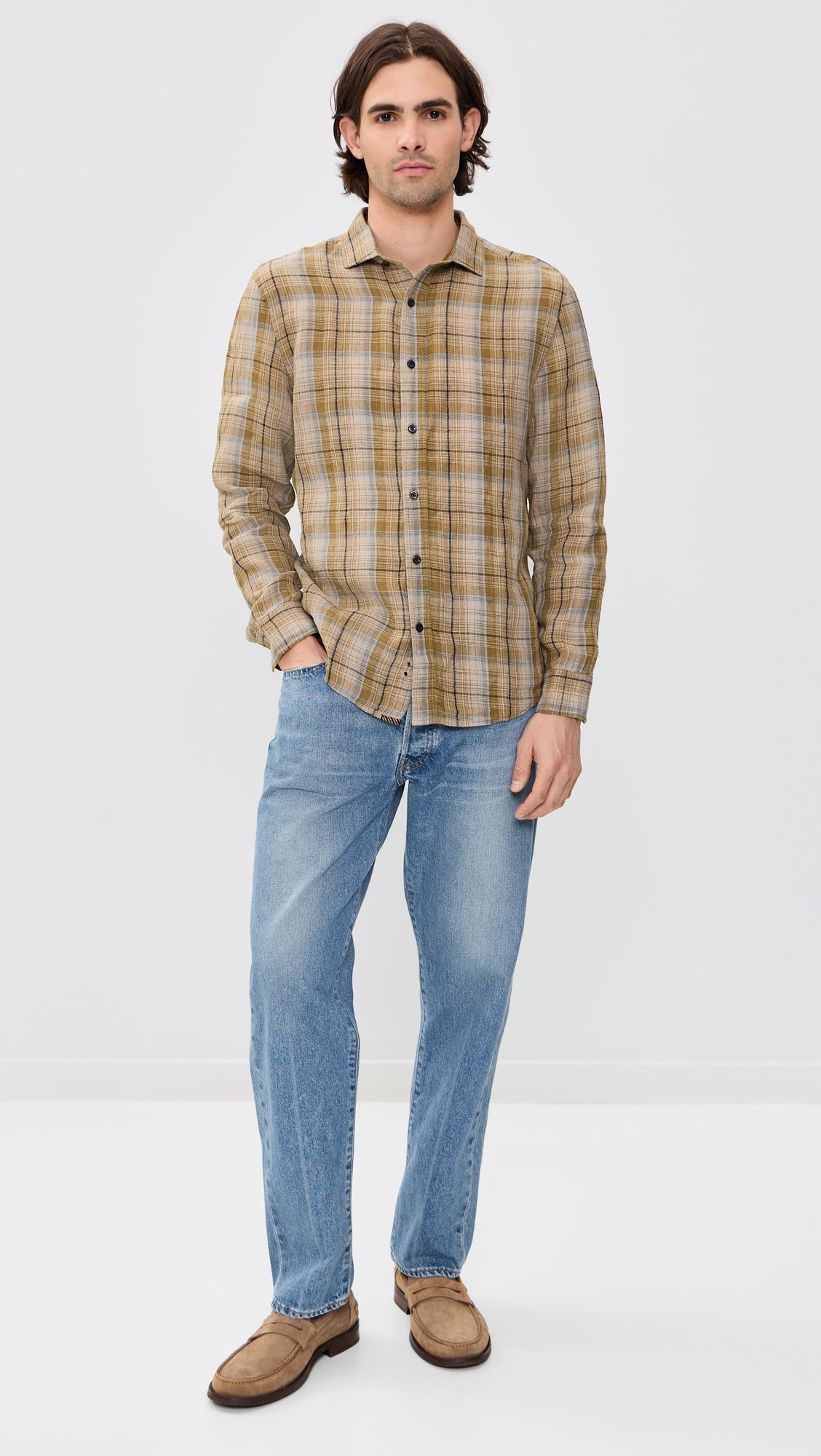 Dobby Plaid Linen Cedar Button Down Shirt Olive