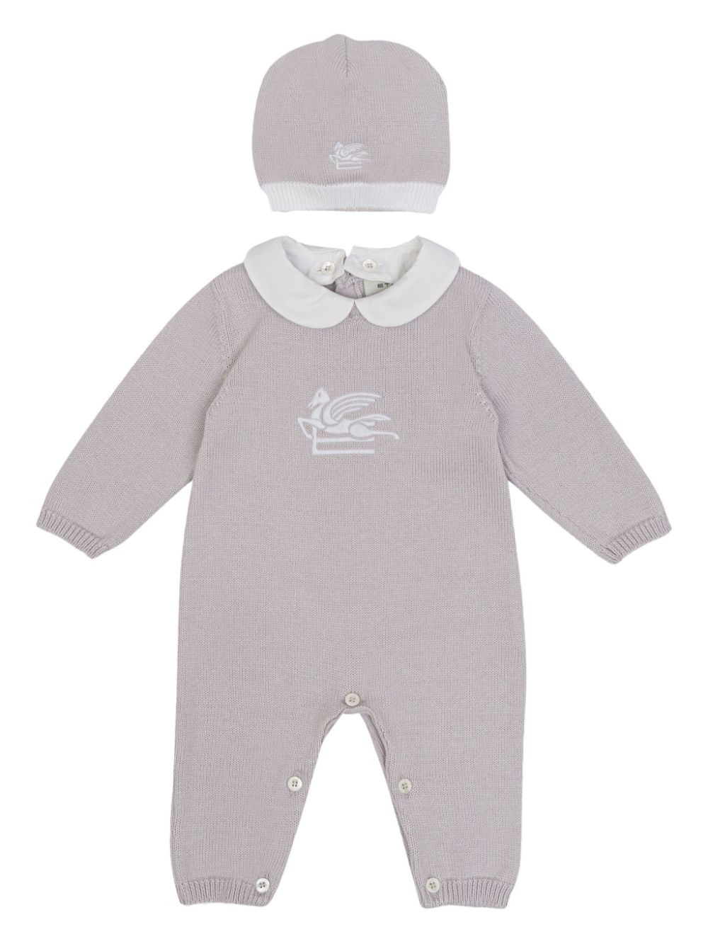 Pegaso-embroidered knitted romper set - Neutrals