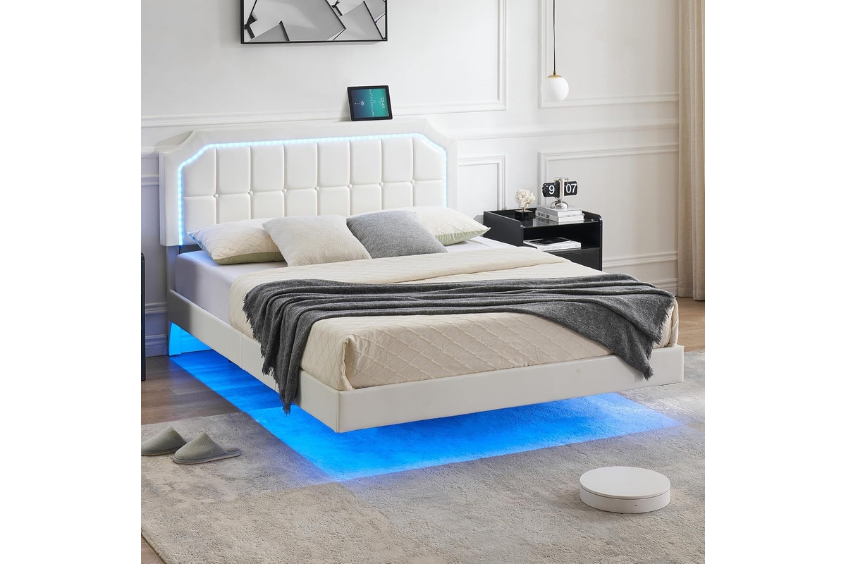 Floating Bed Frame King Size with Rgb Led Lights, Upholstered Platform King Bed with Adjustable Headboard, Button Tafted Headboard No Box Sprin