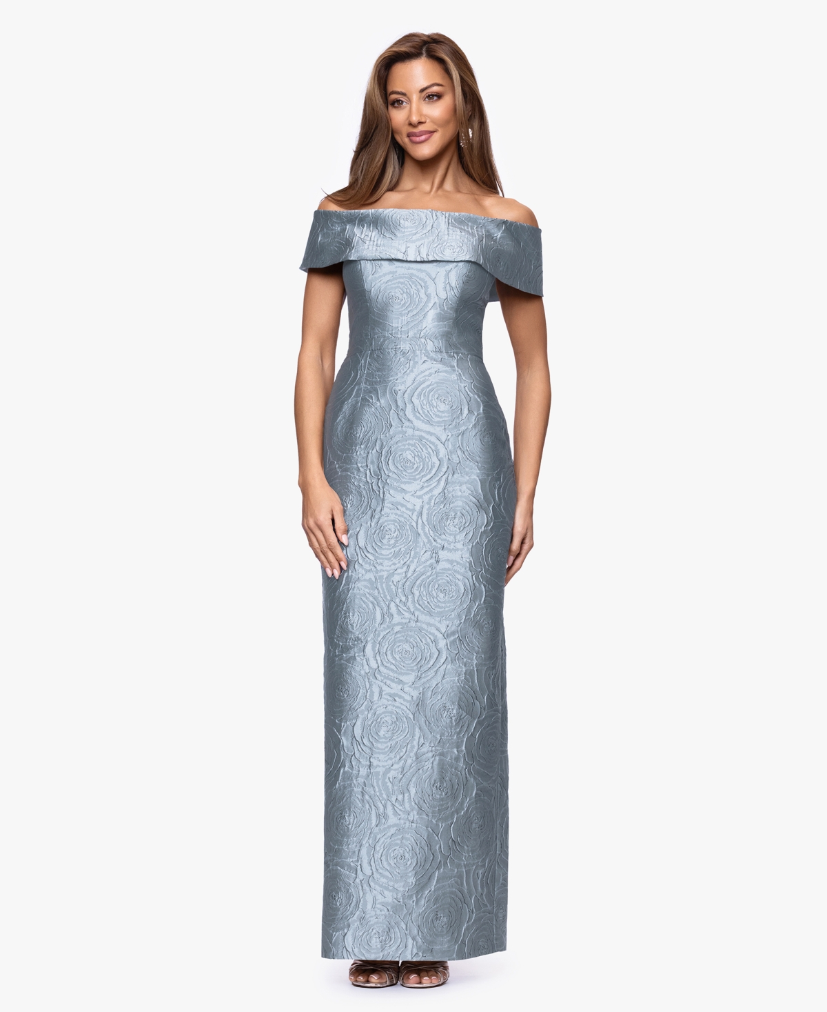 Petite Off-The-Shoulder Sheath Gown - Slate