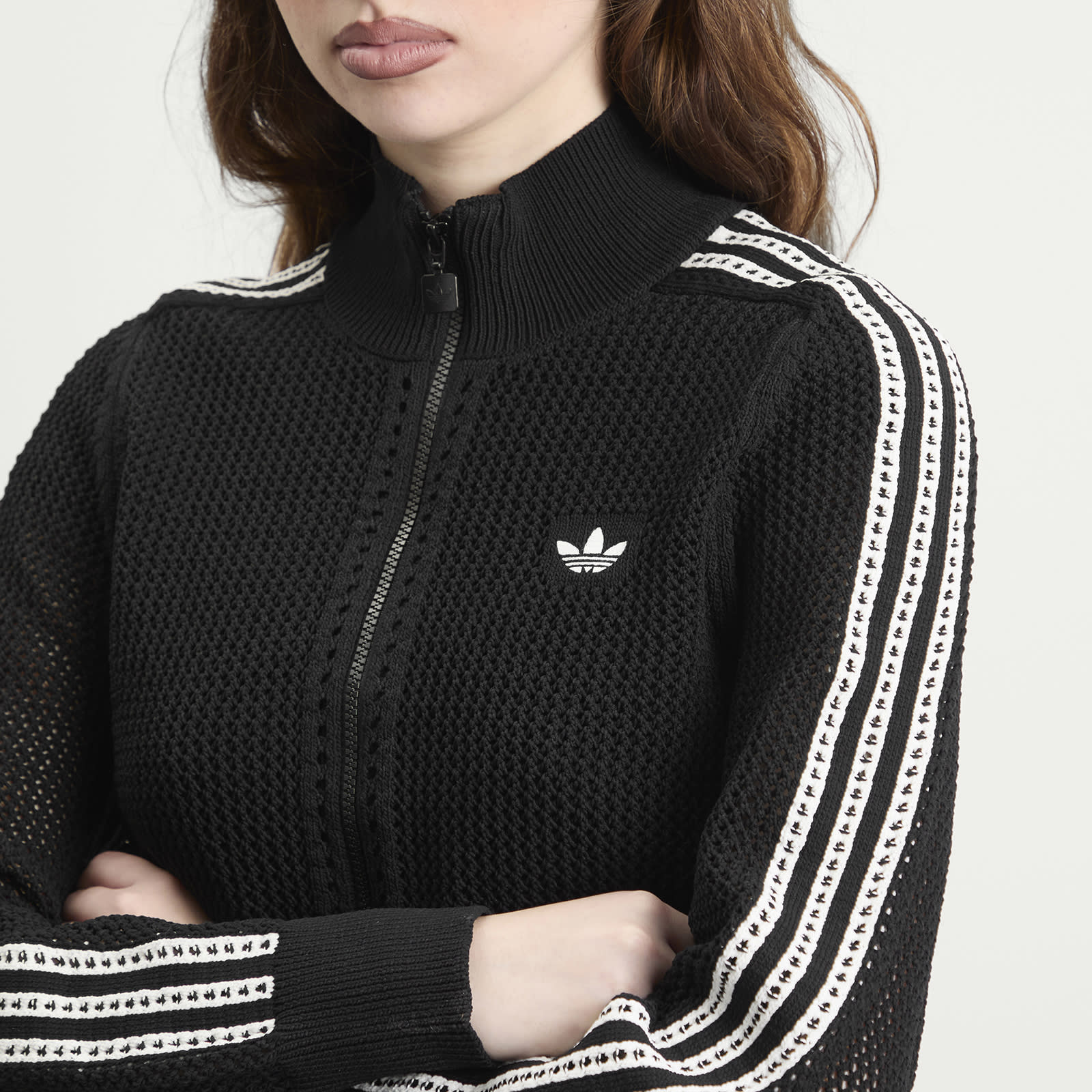 Women's Crochet Track Top in Black