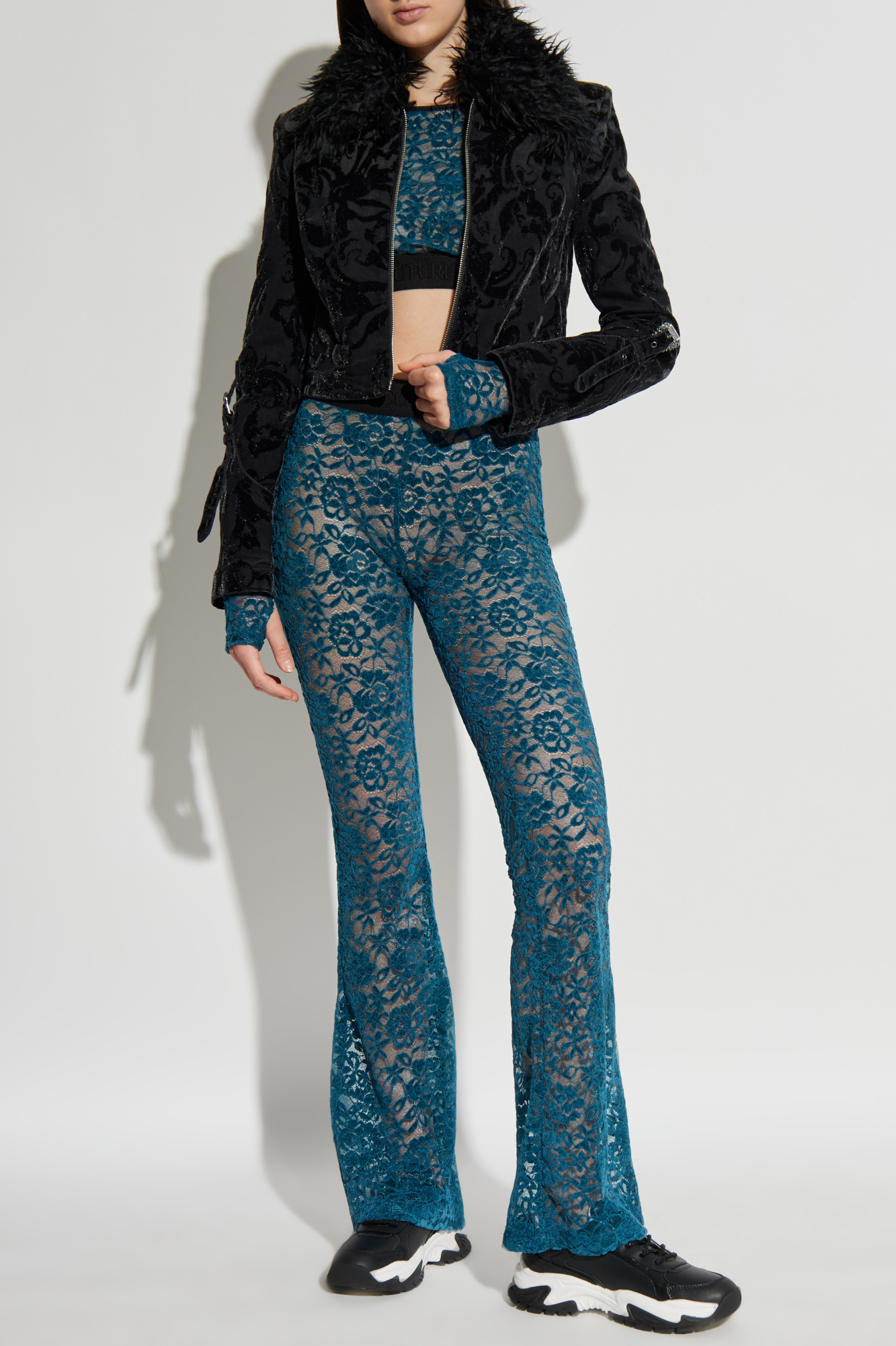 Lace Trousers With Flared Legs, Women's, Blue