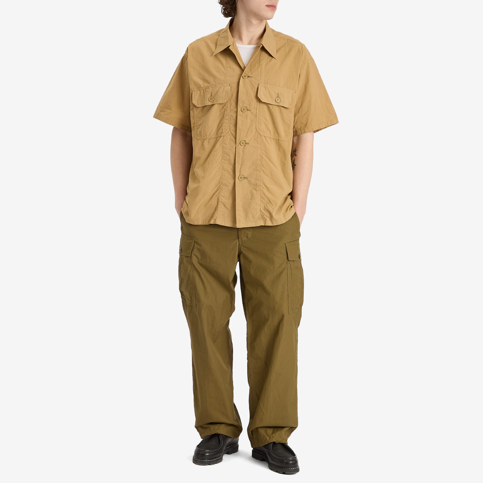 Beams Plus Men's Textured Ripstop Short Sleeve Shirt in Khaki