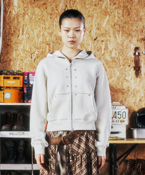 STUDDED FULL ZIP-UP HOODIE BEIGE