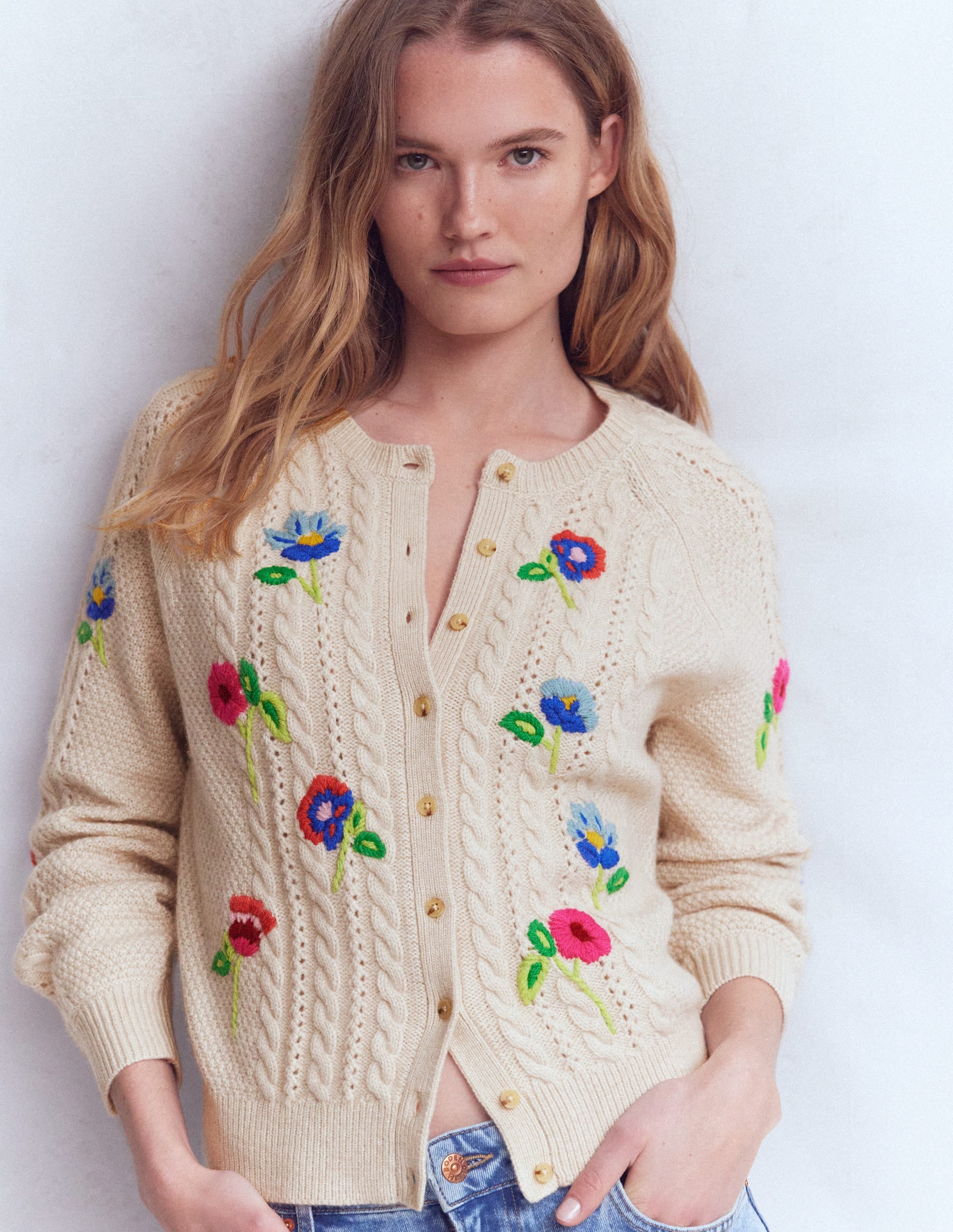 Women's Liv Embroidered Cable Cardigan in Natural | Size XS