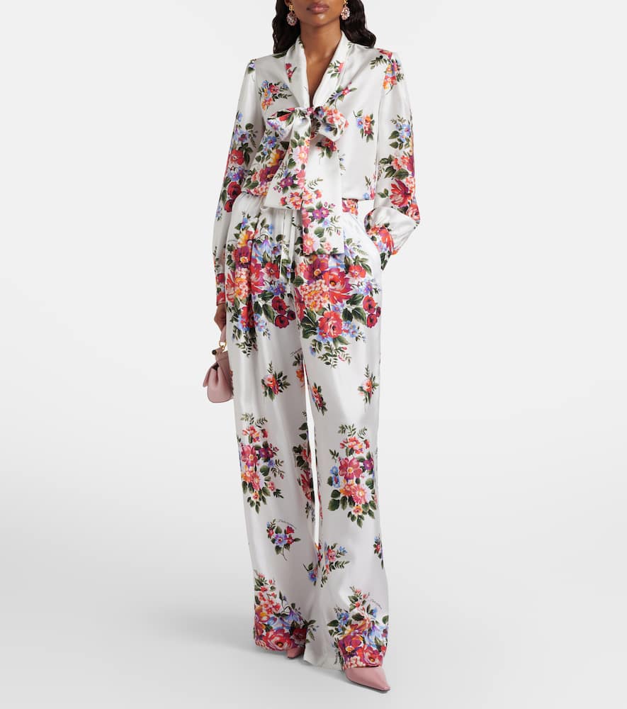 Floral tie-neck silk blouse