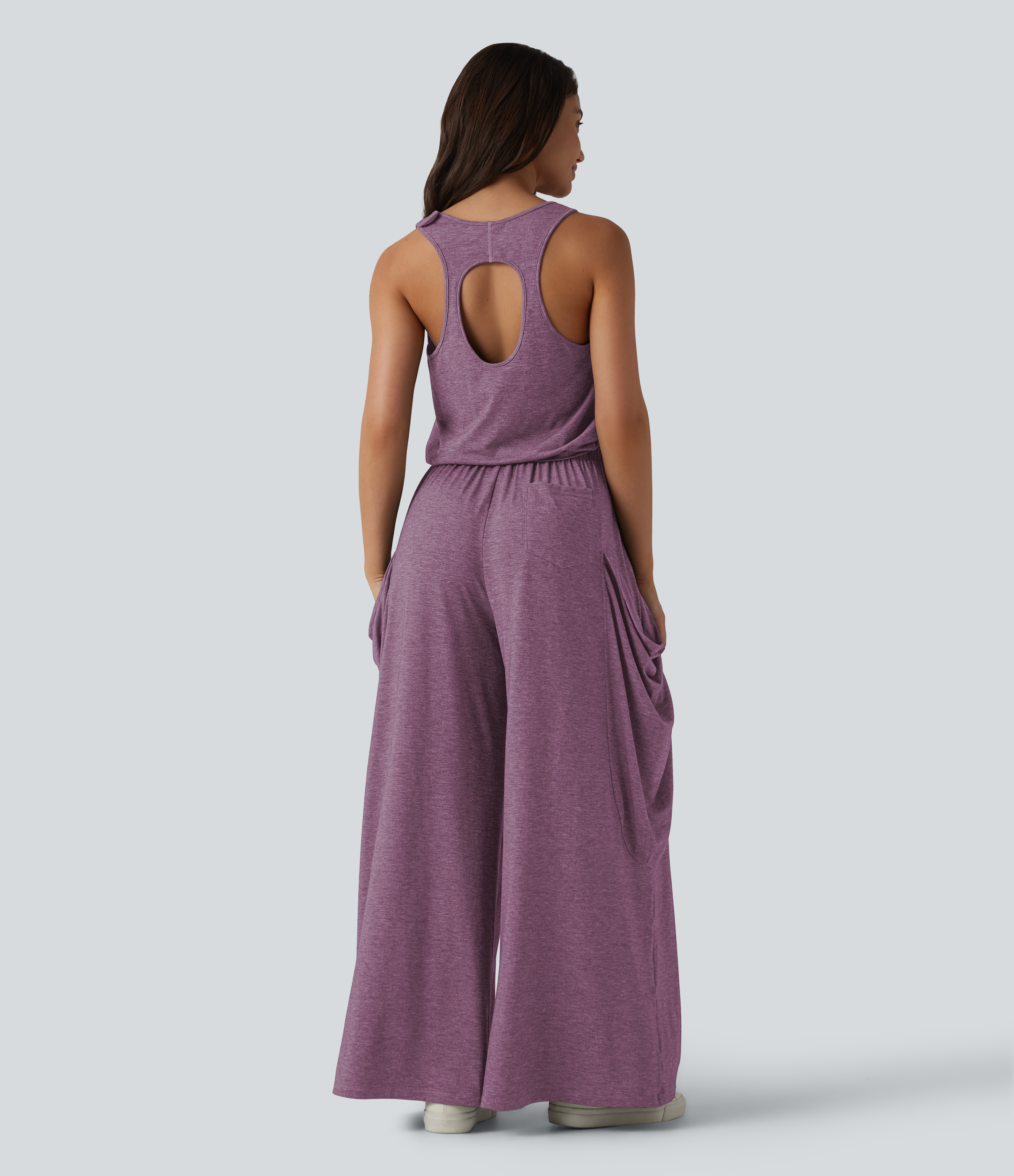 Sleeveless Cut Out Wide Leg Casual Jumpsuit with Pockets-Easy Peezy Edition  - Red Violet Floral Yarn