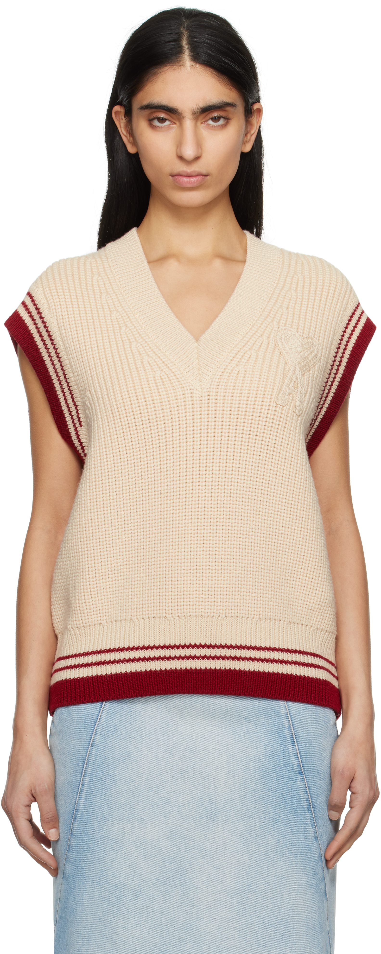 AMI Paris Beige Wool Ribbed Sleeveless V Neck Vest