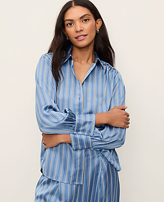 Ann Taylor Petite Striped Satin Collared Shirt