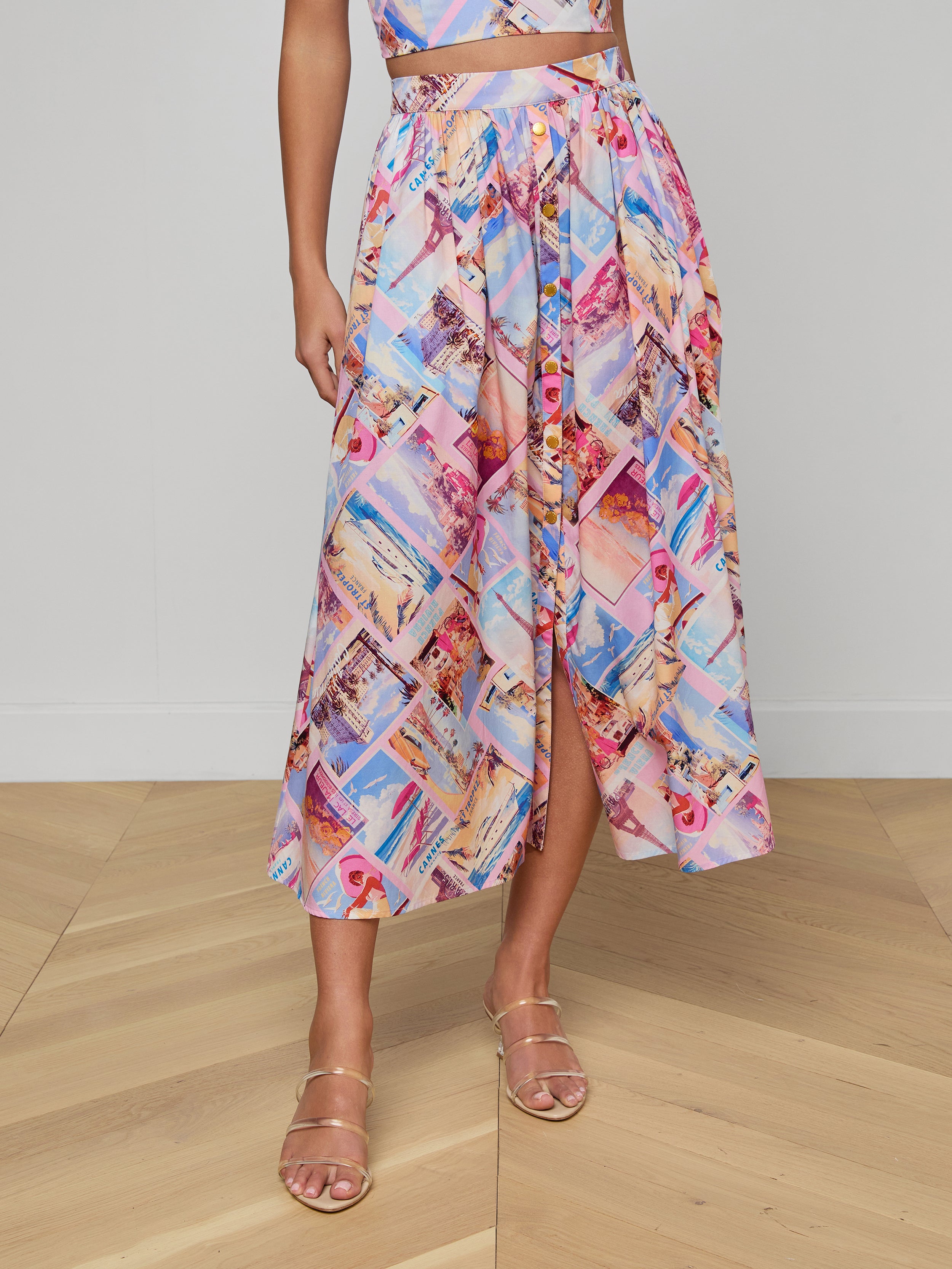Seina Poplin Midi Skirt In Light Pink Multi Small Postcard Print