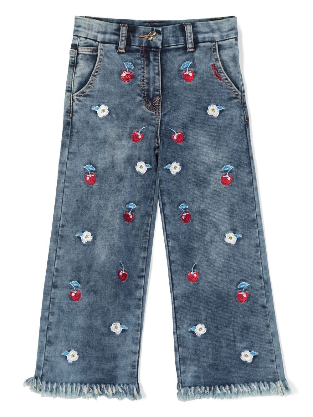 Floral-embroidered frayed-cuff jeans - Blue