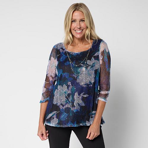 Printed Mesh Knit Sequin Top with Detachable Necklace - Cranberry/Black