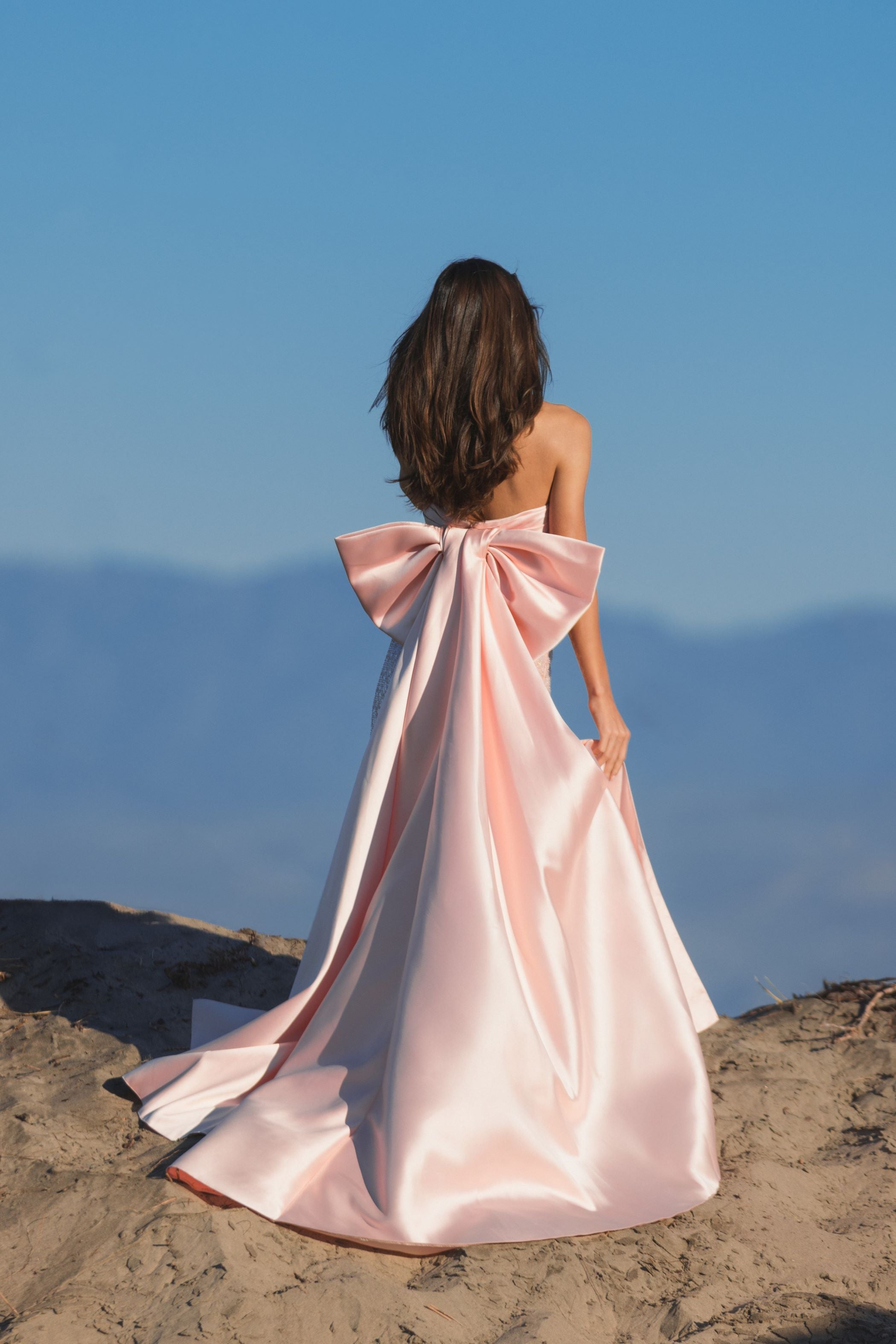 Pink Strapless Embellished Maxi Gown with Back Bow Detail Light Pink