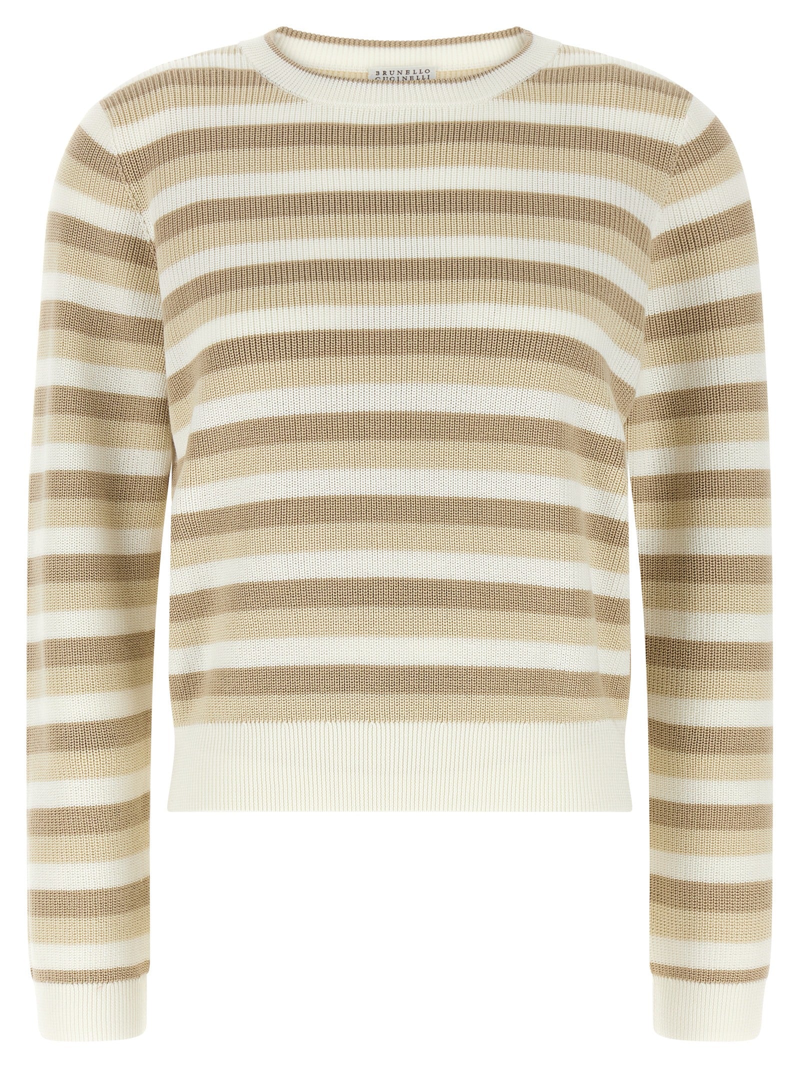 Striped Cotton Crew Neck Sweater — Beige
