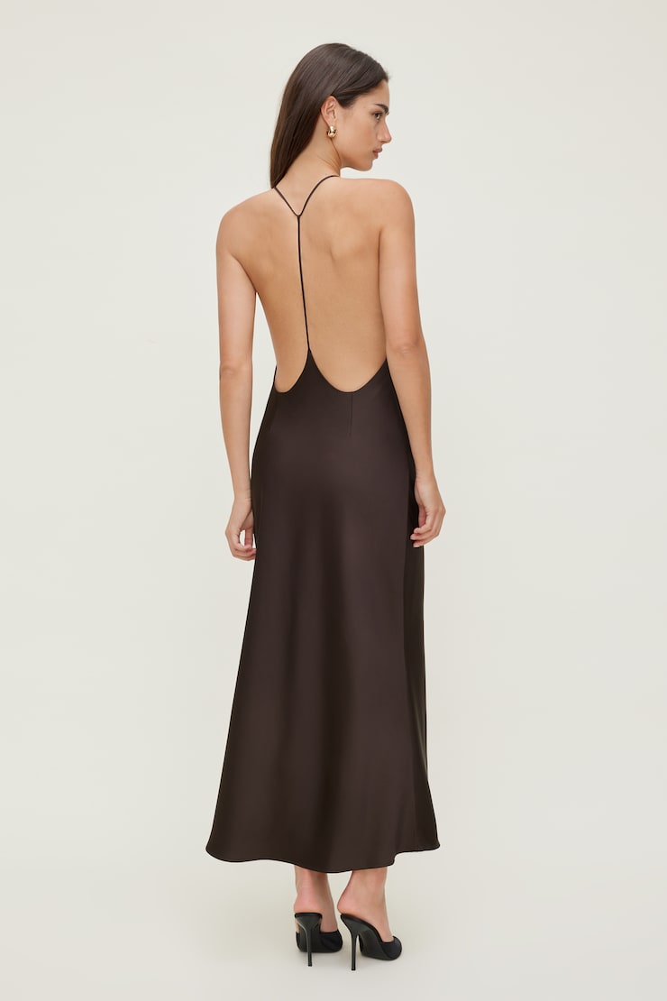 Open Back Satin Maxi Slip Dress - Brown - Women Clothing